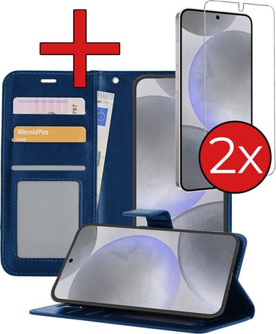 Hoesje - Met 2x Screenprotector - Geschikt voor Samsung Galaxy S24 - Luxe Pasjeshouder - Flip Case - Bookcase Portemonee - Kunstleer Book Case - Flipcase Hoes - Book Cover - Walletcase - Portemonneehoes - Telefoonhoes - Donkerblauw