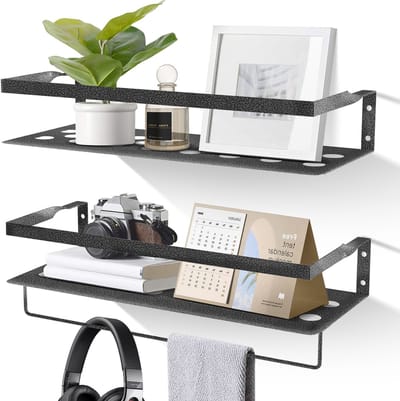 Uten Wandplank - Muurplank - Planchet - Wandrekje - Wandplankje - Wandrek - Zwevend - Industrieel - Metaal - Zwart coating met Zilverkleurige adertjes - 2 Planken - L 40 (4 Kleuren)