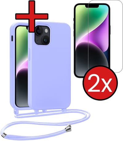 Hoesje Geschikt voor iPhone 13 Mini Hoesje Siliconen Case Met Koord Met 2x Screenprotector - Hoes Geschikt voor iPhone 13 Mini Hoesje Backcover Met Telefoonkoord - Lila