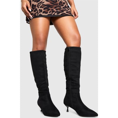 boohoo Dames Wide Fit Low Heel Pointed Toe Knee High Boots | Black | Maat: 3