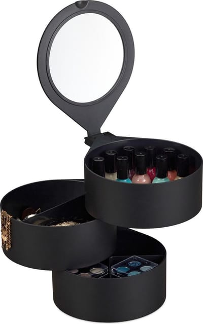 Relaxdays Make-Up Organizer - Driedelig - Rond - Met Spiegel - Opbergdoos Cosmetica - Sieradendoos Zwart