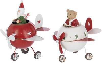 J-Line figuur Rendier + Kerstman Vliegtuig - metaal - rood/wit - large - 2 stuks