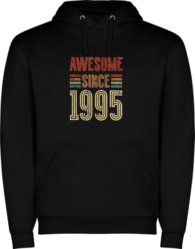 Zwarte unisex hoodie met “ Kleurrijke Awesome Since 1995 – Feest – Verjaardag “ Print Full Color Color merk Roly maat S