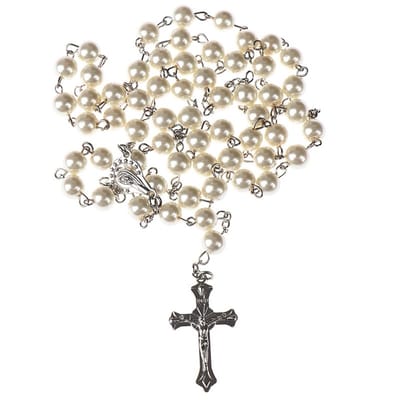 Fako Bijoux® - Rozenkrans Ketting - Kruis Klein - Parelmoer - 8mm - Wit