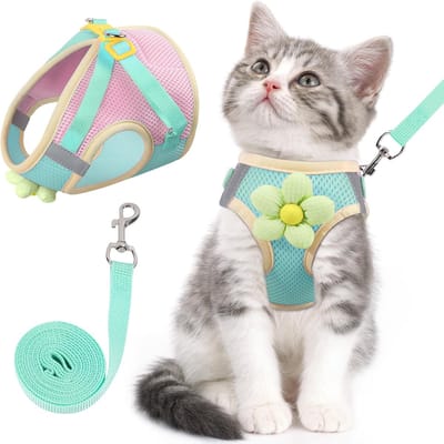 Ulisem - Kattentuigje en riemset - voor wandelen - ontsnappingsbestendig - verstelbaar kittentuigje van ademend mesh met reflecterende strepen - tuigje met bloemmotief voor kitten, puppy en konijn - groente - XS