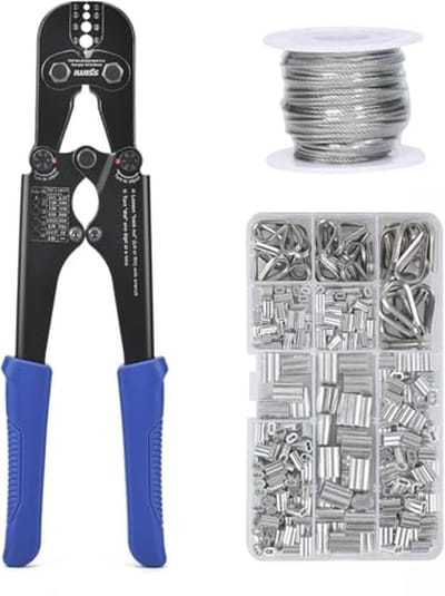 Kabel-krimpgereedschapsset met 15 m draadkabel, 330 lushulzen en 45 swagerkits, krimptang met geïntegreerde kabelsnijder