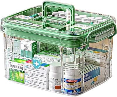 Medicijnkastje - Opbergdoos voor Huishoudelijke Medicijnen - Dubbellaagse EHBO-Doos met Meerdere Vakken en Deksel - Draagbare Kast voor Thuis en op School - Groen - Klein