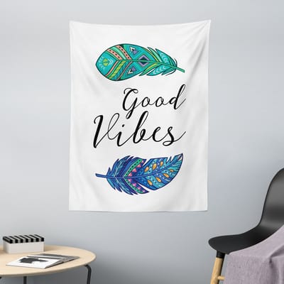 ABAKUHAUS Ontspannend wandtapijt, boho-kunststijl met veren en handgeschreven tekst in inheemse tribale stijl, 110 x 150 cm, veelkleurig