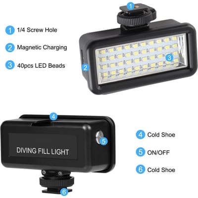 40m Onderwater Vullicht IPX8 Waterbestendig 40LED Duiklamp met 8 stuks Kleurfilters 6000 6500K Magnetisch Opladen zwart