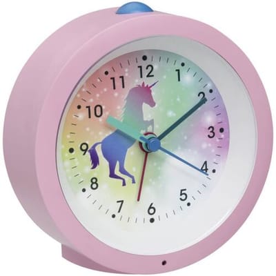 TFA Dostmann 60.1033.12 - Kinderwekker - Wekker - Kinderen - "EINHORN" - Eenhoorn - Analoog - Rustig Loopwerk - Sluipende secondwijzer - Snooze - Zachte permanente nachtverlichting - Schermverlichting - Kunststof - Roze - Multikleur