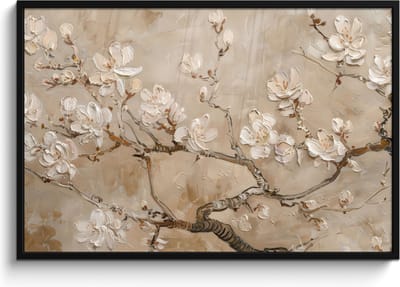 Poster in lijst - Fotolijst 120x80 cm - Posters - Bloemen - Modern - Beige - Wit - Bloesem - Posterlijst zwart - Decoratie - Wanddecoratie woonkamer - Muurdecoratie slaapkamer