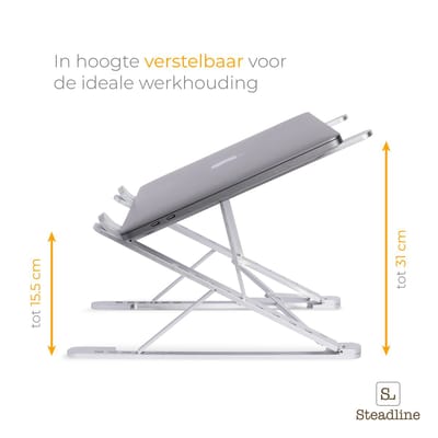 Laptop standaard Dubbel hoogte Verstelbaar Opvouwbaar en Opbergzak - Laptopstandaard Aluminium - Universele laptoptafel - Boekenstandaard - Ergonomisch - Zilver - 11, 12, 13, 14 , 15, 16, 17