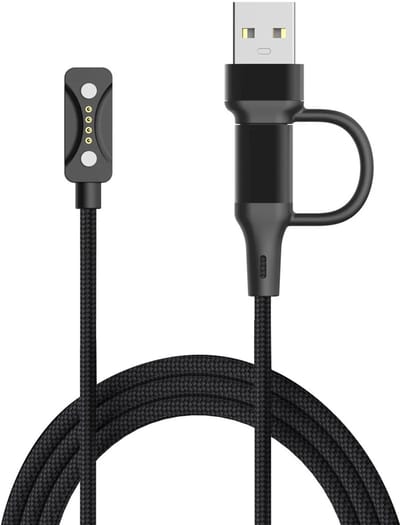 Strap-it 2-in-1 gevlochten oplader geschikt voor Polar Ignite 3 / Vantage M3 / Vantage V3 / Pacer - USB-A & USB-C aansluiting - Zwart