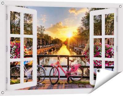 Gards Tuinposter Doorkijk Amsterdamse Brug met Zonsopgang - 90x60 cm - Tuindoek - Tuindecoratie - Wanddecoratie buiten - Tuinschilderij