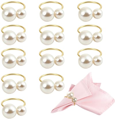Dailygoods - 12 stuks ronde gouden servetringen met kralen, servetringen van kerstparels, ronde servetringen, parelgoud, elegante tafeldecoratie, voor bruiloft, feest, diner