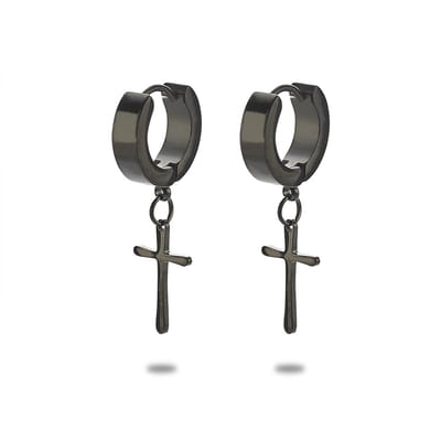 Twice As Nice Oorbellen in edelstaal, oorring met kruis, zwart