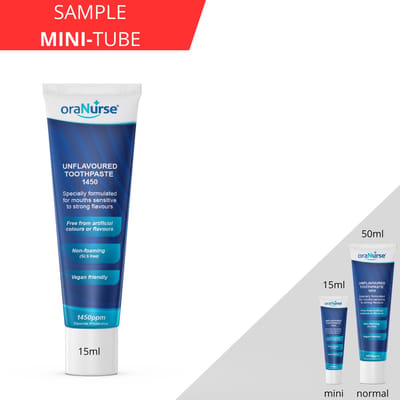MINI-TUBE 15ML: oraNurse smaakloze schuimloze Tandpasta 1450ppm | Reisverpakking of Sample om te proberen! (voor volwassenen en kinderen vanaf 5 jaar) - smaakloos | schuimloos