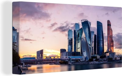 Grote wanddecoratie - Moskou zakencentrum tijdens een zonsondergang Canvas - 200x100 cm - XXL decoratie