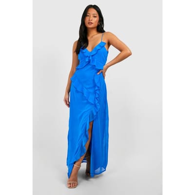 boohoo Dames Petite Chiffon Ruffle Maxi-jurk | Electric Blue | Maat: 34