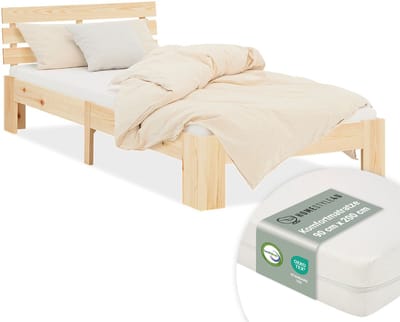 Homestyle4u Eenpersoonsbed - 90x200 cm - Houten bed - met matras en lattenbodem - Natuur