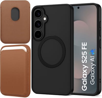 Hoesje + Pasjeshouder geschikt voor Samsung Galaxy S25 FE - Portemonnee geschikt voor MagSafe - Magnetisch - Pasjes Houder - Creditcardhouder - Bruin
