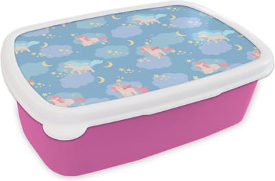 Broodtrommel Roze - Lunchbox - Brooddoos - Unicorn - Patronen - Sterrenhemel - 18x12x6 cm - Kinderen - Meisje