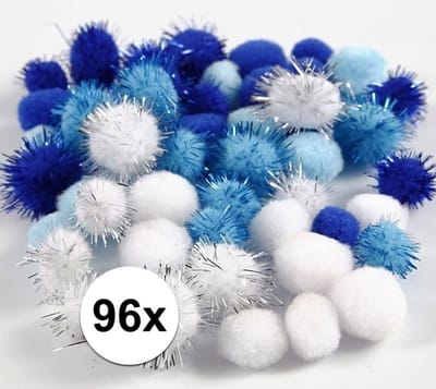 Knutsel pompons - 96x - wit/blauw - 15-20 mm - hobby bolletjes - ponpons