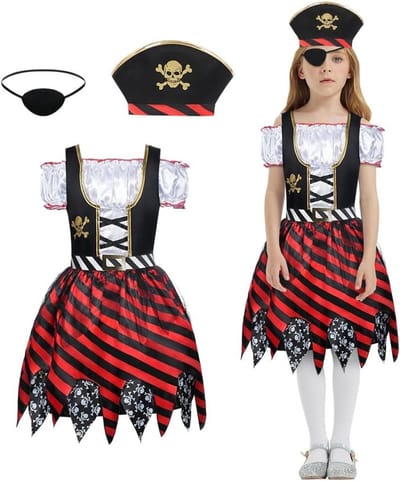 Piratenkostuum voor Meisjes, 3-delig Piraten Rollenspel Outfit met Hoed en Ooglapje, Perfect voor Verjaardagsfeestjes en Themapartijen