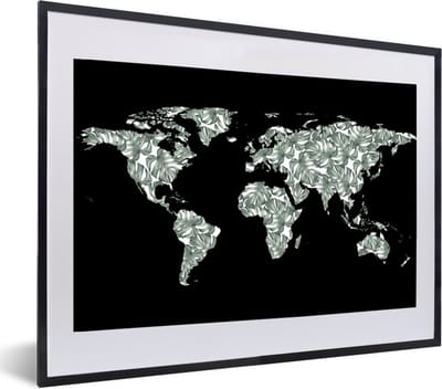 Poster in lijst - Fotolijst 60x40 cm - Posters - Wereldkaart - Bladeren - Natuur - Posterlijst zwart - Decoratie - Wanddecoratie woonkamer - Muurdecoratie slaapkamer