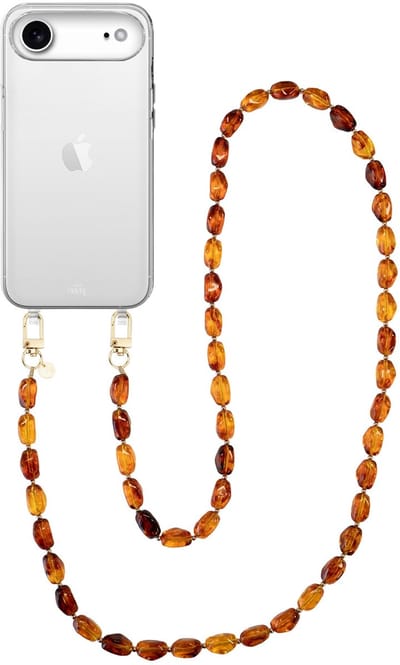 xoxo Wildhearts telefoonhoesje geschikt voor iPhone 17 Air - Honey Flame (lang koord) - siliconen hoesje met koord - Backcover met telefoonkoord - Telefoonhanger stenen ketting - Bruin / Oranje