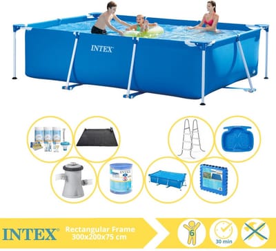 Intex Rechthoekig Frame Zwembad - 300 x 200 x 75 cm - Blauw - Inclusief Solarzeil - Onderhoudspakket - Zwembadfilterpomp - Filter - Solar Mat - Ladder - Voetenbad - Vloertegels - 9-delig