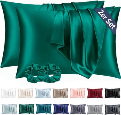 Famanu - Satijnen kussenslopen 40x70 cm groen set 2, zijdeachtig zacht voor haar en huid, envelopsluiting met 2 haarbandjes