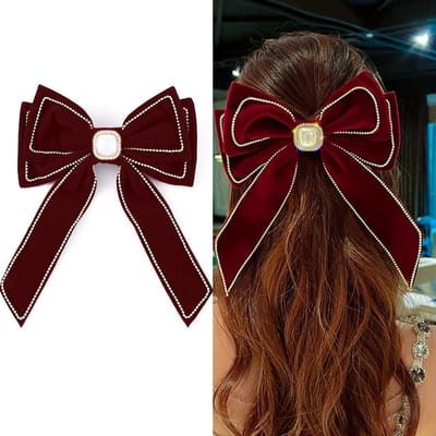 Grote Rode Haarstrik met Lange Strik en Strass Haarclips van Fluweel - Feestelijke Haaraccessoires voor Vrouwen en Meisjes