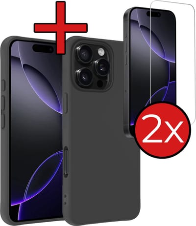 Hoesje - Met 2x Screenprotector - Geschikt voor Apple iPhone 16 Pro - Sterk & Shockproof - Telefoon Hoes - Back Cover - Siliconen Case - Telefoonhoes - Zwart