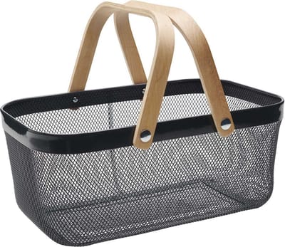 Mand 16 l – geperforeerd grijs – met houten handgrepen – opbergmand keuken badkamer – mand fruit groenten – veelzijdige mand decoratie huis – grote capaciteit – 040725