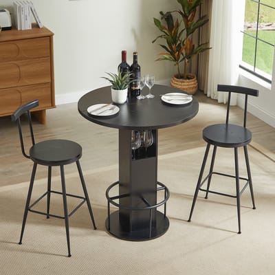 Pugsdrly 3-delige bartafel- en krukkenset 31,5 inch ronde tafel met twee krukken Houten eettafel met ringvormige voetsteun van metaal Geschikt voor eetkamers, cafés, bars, woonkamers enz. Zwart