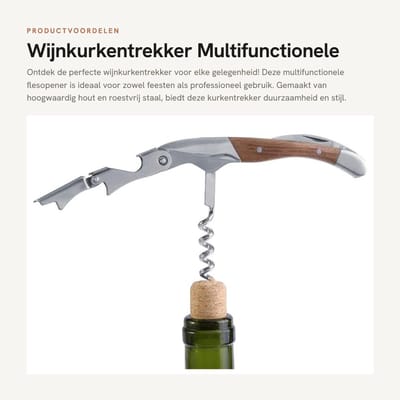 Dailygoods- Wijnkurkentrekker Hoogwaardig Hout - Multifunctionele Flesopener - Bieropener - Foliesnijder - Baraccessoires - Duurzaam en Veilig