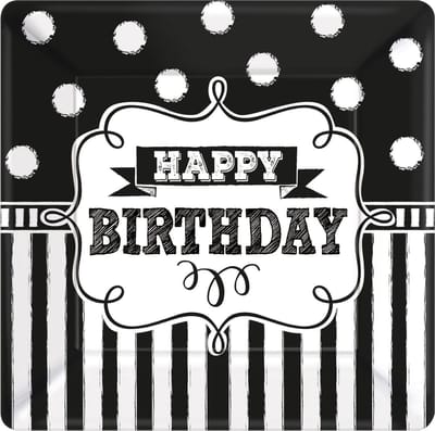 8 borden zwart/wit Happy Birthday vierkant karton 25,4cm