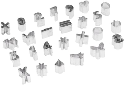 Dailygoods- Koekjessnijderset 26-delig - Roestvrij Stalen Cijfers - Fondantsnijder - Opbergdoos - Mini Geometrische Patronen - Duurzaam Materiaal - Koekjesvormpjes