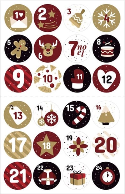 Sluitsticker - Sluitzegel – Advent Kalender | Wit – Rood - Zwart | Genummerd – Aftellen | Winter – Sneeuw - Kerst - Merry Christmas – Feestdagen – Sinterklaas | Envelop - Cadeau – Cadeauzakje | Leuk verpakken | DH Collection