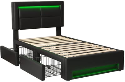 Gotagee Opbergbed Eenpersoonsbed Opslagbed Multifunctioneel bed Vlak bed Slaapkamerbed Gastbed Met 4 lades Met LED-verlichting Met USB-oplaadpoort en draadloze oplaadpoort Bed met opbergruimte Bed zonder matras 90x200cm