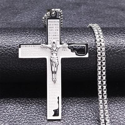 Fako Bijoux - Cubaans Kruis Jesus Voor Mannen - Ketting Met Kruis - Heren Ketting - Holy Cross - 38x59mm - 60cm - 2mm - Stainless Steel - RVS - Staal - Zilverkleurig