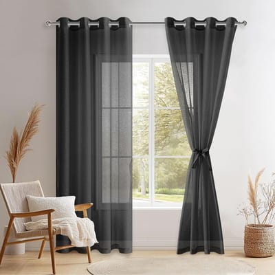 Set van 2 transparante voile-gordijnen met inslagringen, transparante gordijnen met gordijnlussen voor de woonkamer, zwart, 215 x 140 cm (H x B)