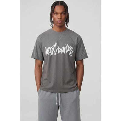 Antraciet Oversized Worldwide Graffiti Print Spray Wash T-shirt | Charcoal | Size XL