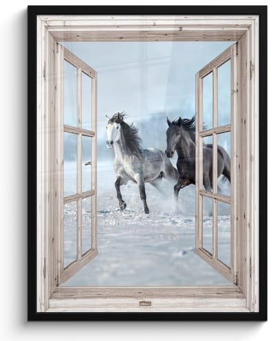 Poster in lijst - Fotolijst 50x70 cm - Posters - Doorkijk - Paarden - Winter - Dieren - Natuur - Wit - Posterlijst zwart - Decoratie - Wanddecoratie woonkamer - Muurdecoratie slaapkamer
