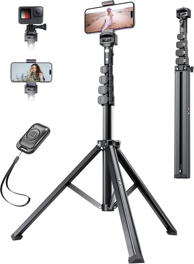 Famanu – Telefoonstatief 170 cm met afstandsbediening, stabiel all-in-one statief voor smartphone en camera