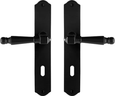 Deurkruk op schild - Smeedijzer zwart - Gietijzer - GPF - GPF6210.60 smeedijzer zwarte Deurklink Mela op BB72, 238x41x4mm