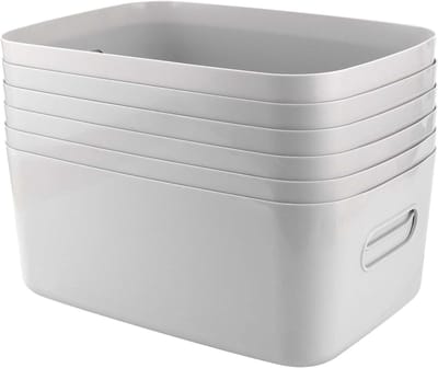 Set van 6 Grijze Plastic Opbergmanden 30x20x12cm voor Studio, Badkamer en Kantoor - Ruimtebesparende Organizers met Handvatten