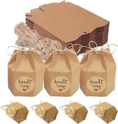 50 Stuks DIY Cadeau Dozen, Kleine Kraft Papieren Dozen voor Snoep, Hexagonale Dozen met Bedankstickers voor Bruiloften, Feesten en Jubilea