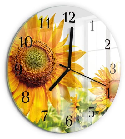Tulup Wandklok - Zonnebloem Wandklok Glas Decoratie - 30fi cm - Geel Gekleurde Glazen Klok - Zwarte Handen - Ronde Wandklok - Wandklok Glas Met Motief - Decoratieve Glazen Klok